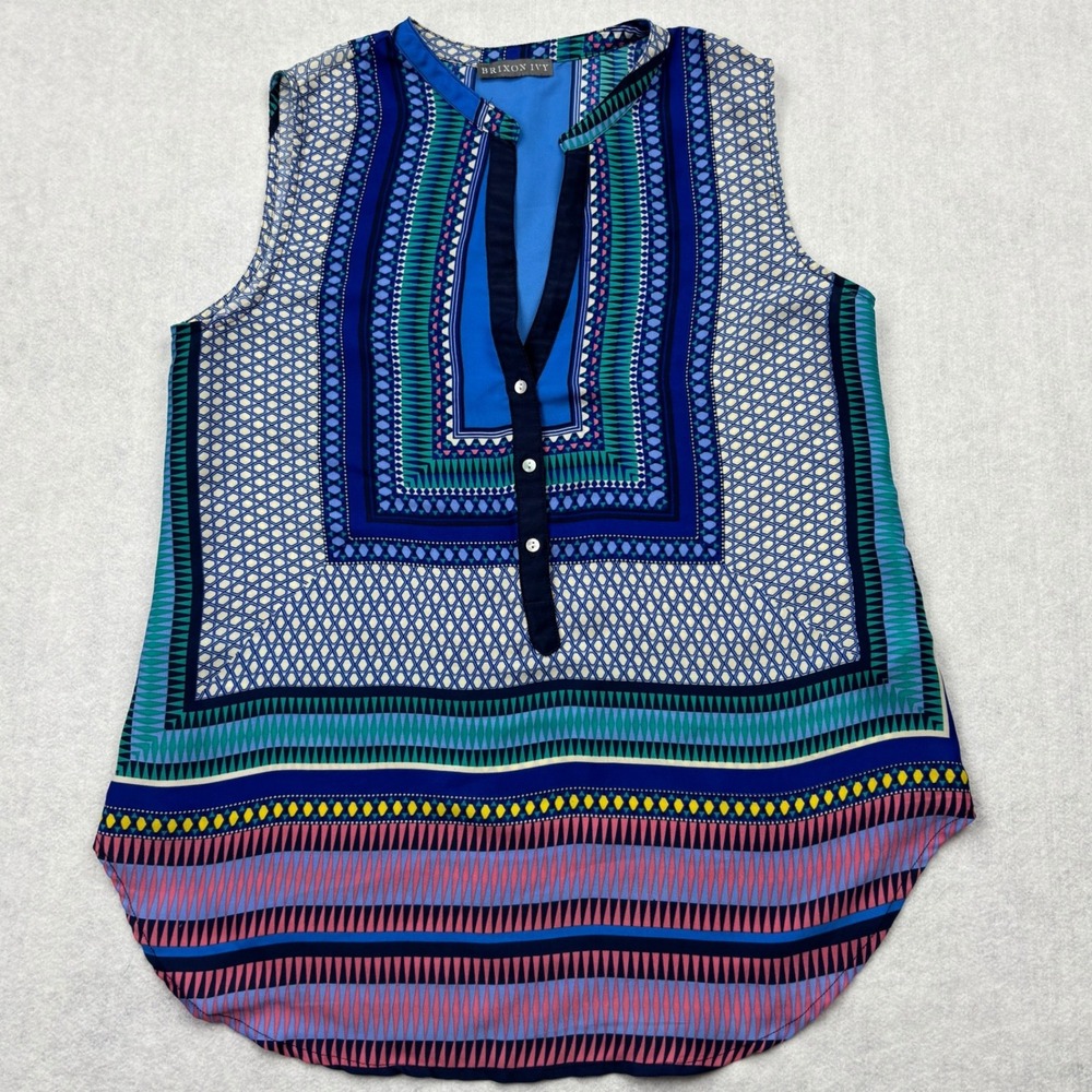 Brixon Ivy Sleeveless Blouse Blue Geometric Mosaic Print Split V Neck Womens M